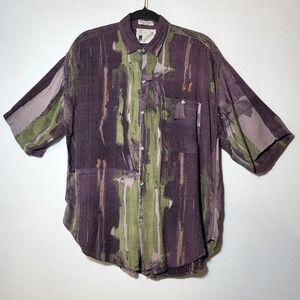 VTG Goouch Abstract Brushstroke Rayon Shirt Mens Medium Purple 90s Boho Art Y2K